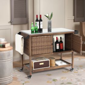 Outdoor Wicker Bar Cart, Patio Wine Serving Cart w/Wheels