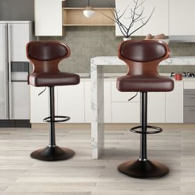 Bar Stools Set of 2 Seat Adjustable Height 25.2-33.8IN - Bentwood Swivel Barstools with Back & Footrest - PU Leather Upholstered Bar Chair for Bar (Color: Brown, count: 2 set)